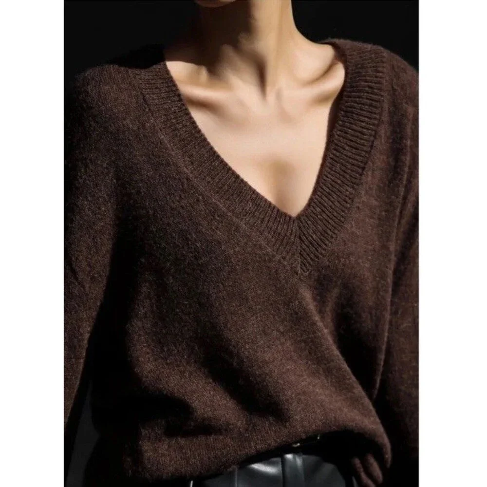 The Frankie Shop Oversized Brown V Neck Sweater Alpaca Wool Blend XS/S